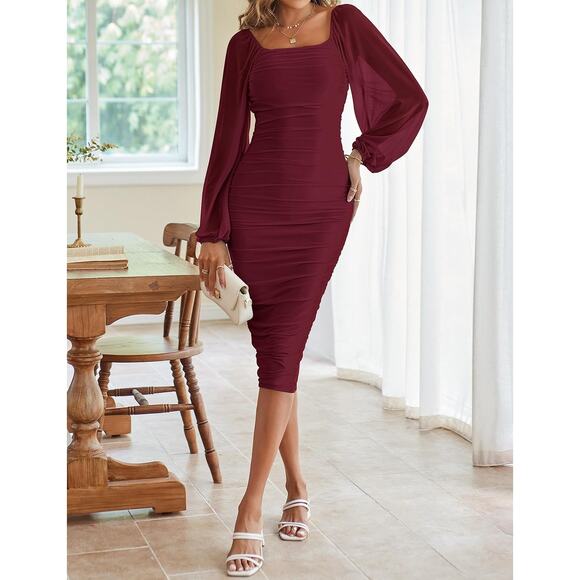 MEROKEETY Wine Red Ruched Bodycon Puff Sleeve Mesh Cocktail Party Midi Dress - Picture 2 of 13